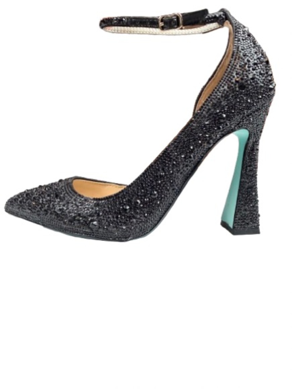 Betsey Johnson Ramsy Black Rhinestone Ankle Strap Pumps Heels 7.5M 4” Heel